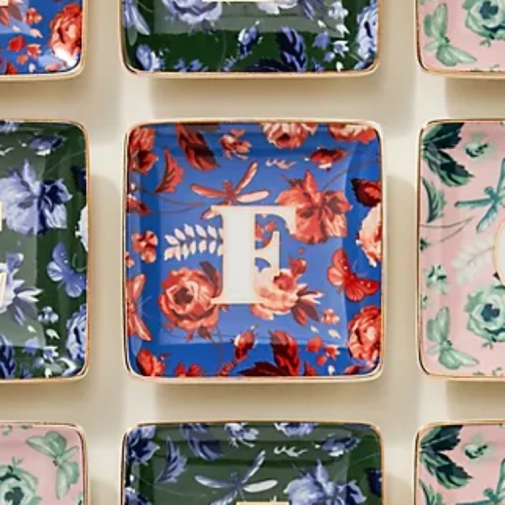 Anthropologie “F” Letter Monogram Floral Square Trinket Dish, NEW